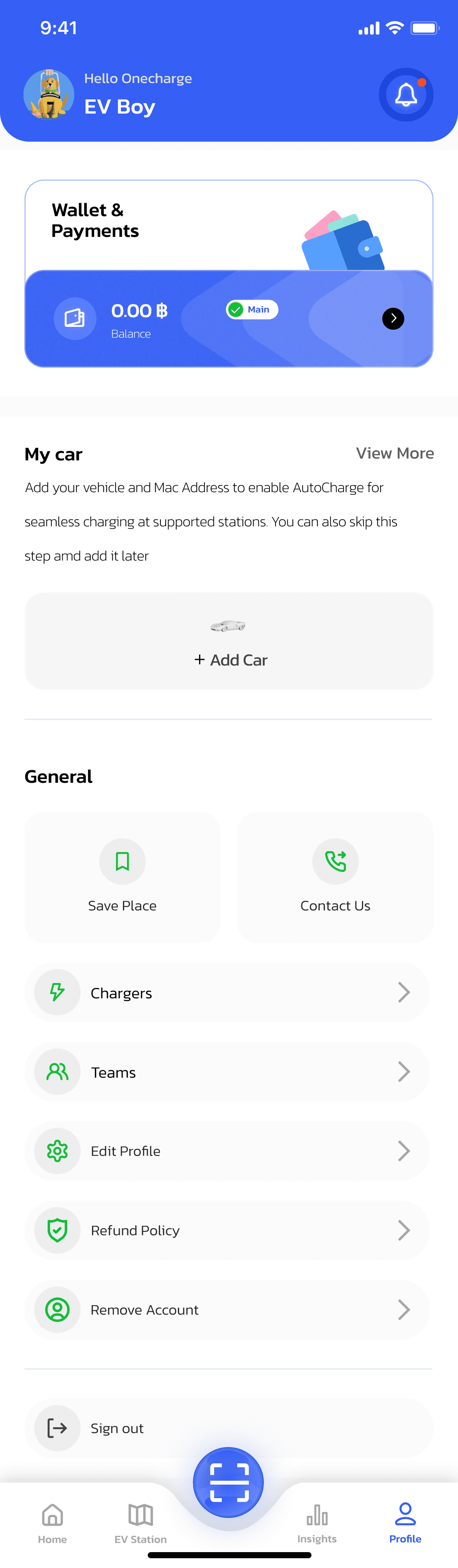 แอป OneCharge — แตะ Add Car จากหน้าโปรไฟล์เพื่อเริ่มเพิ่มรถ
