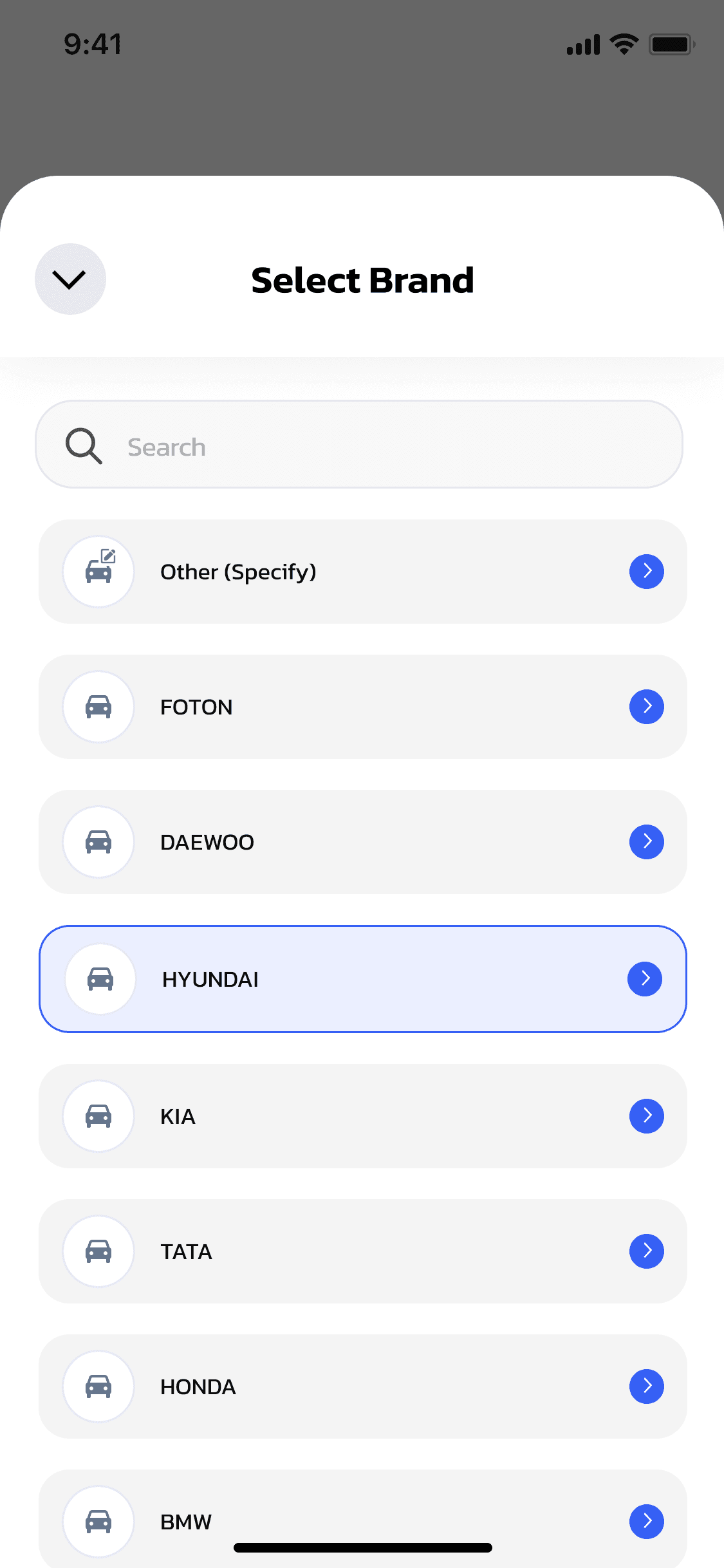 แอป OneCharge — ค้นหาหรือเลือกยี่ห้อรถจากรายการ