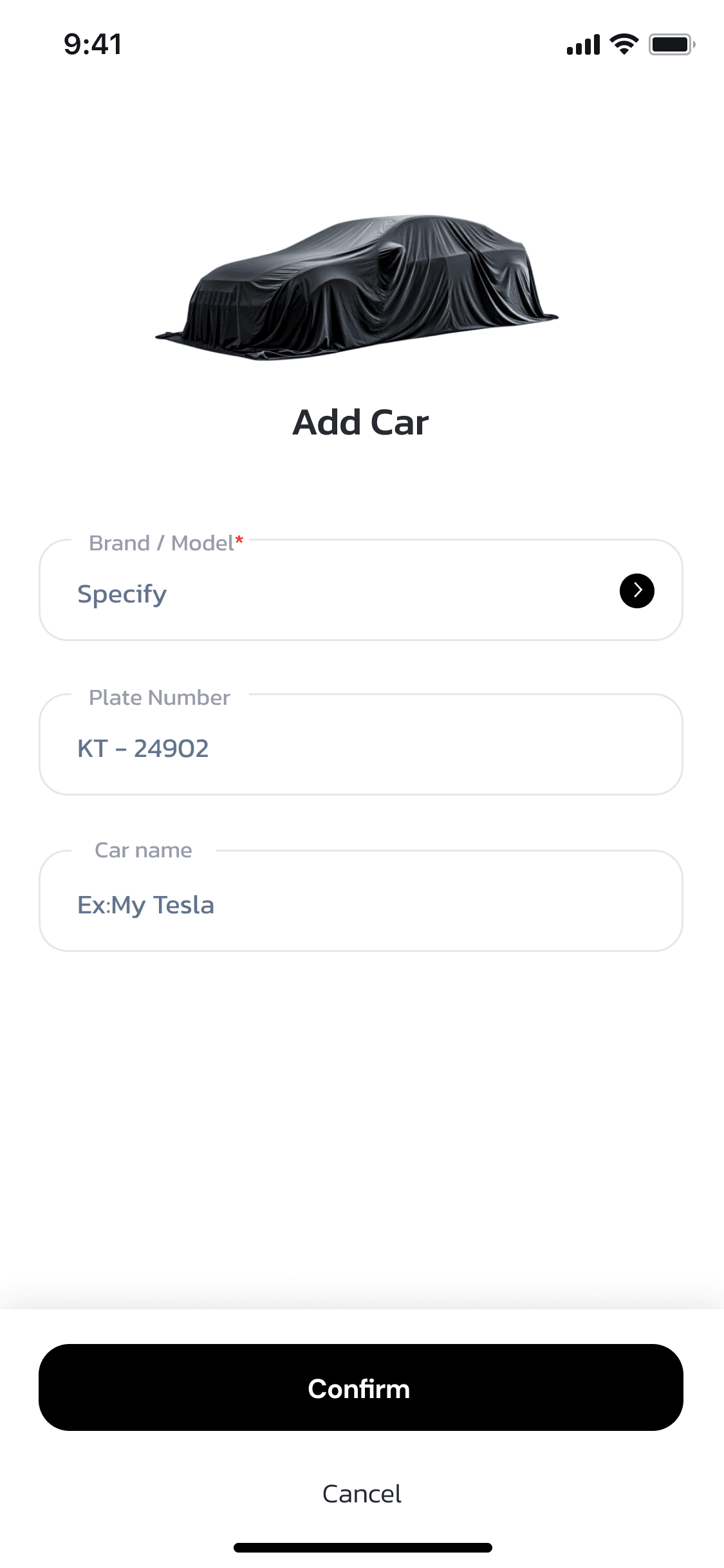 แอป OneCharge — แบบฟอร์ม Add Car เลือกยี่ห้อ/รุ่นและกรอกทะเบียน