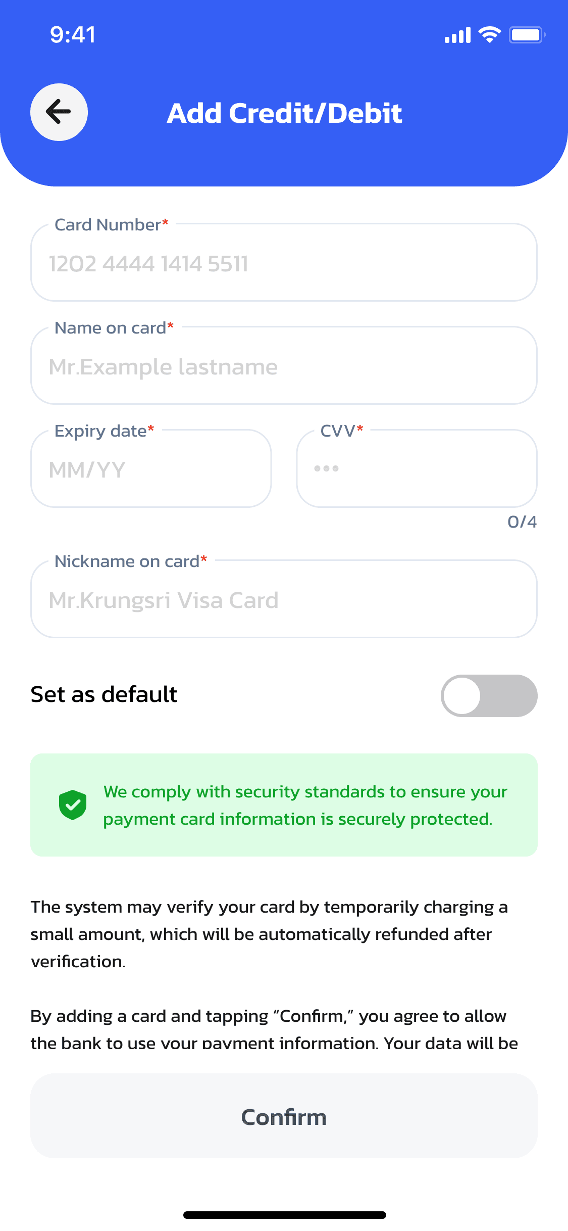 แอป OneCharge — เปิดหน้าเพิ่มบัตรเครดิต/เดบิต