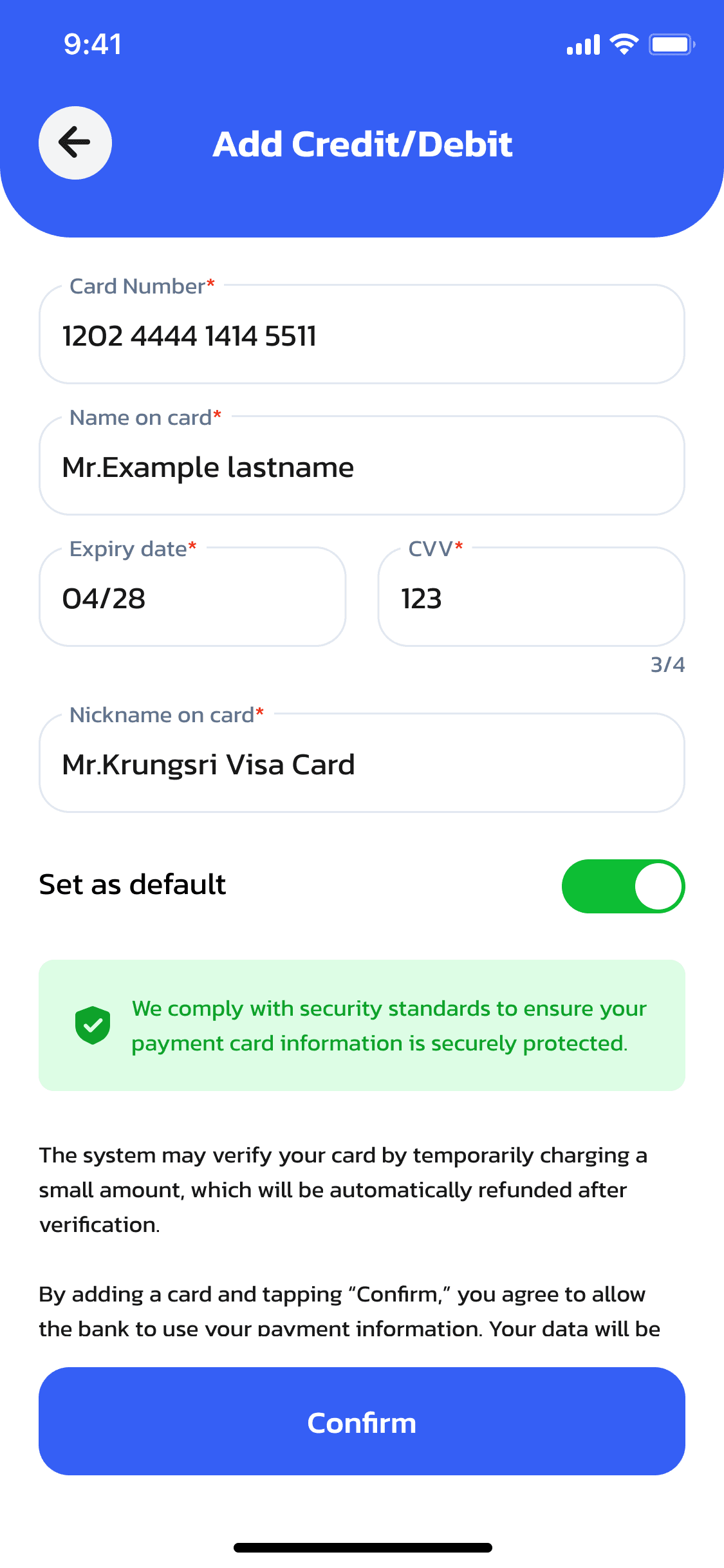 แอป OneCharge — กรอกข้อมูลบัตรแล้วกด Confirm