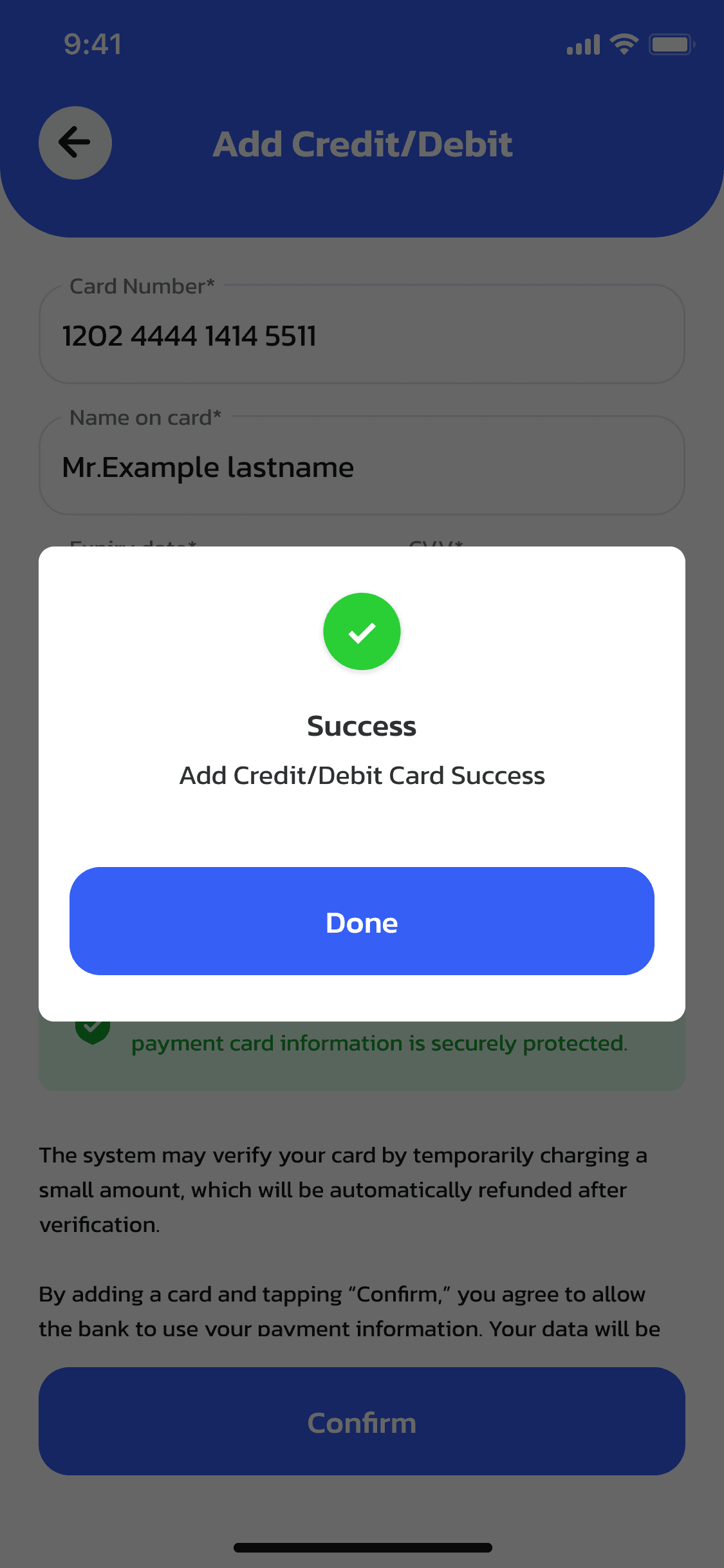 แอป OneCharge — เพิ่มบัตรสำเร็จ แตะ Done