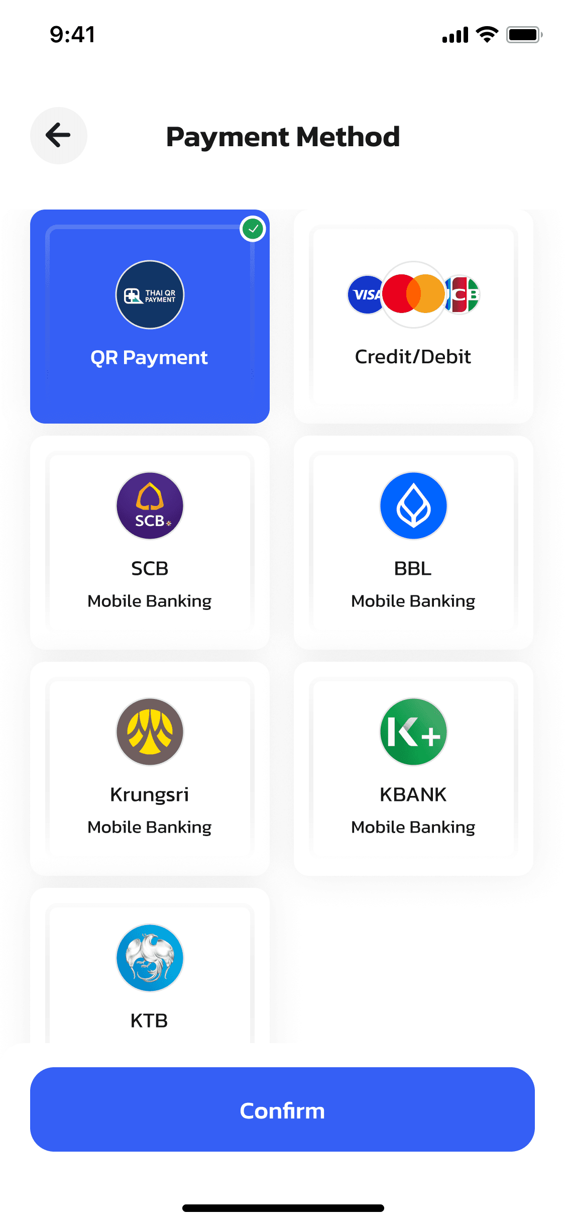 แอป OneCharge — เลือก QR Payment แล้วแตะ Confirm